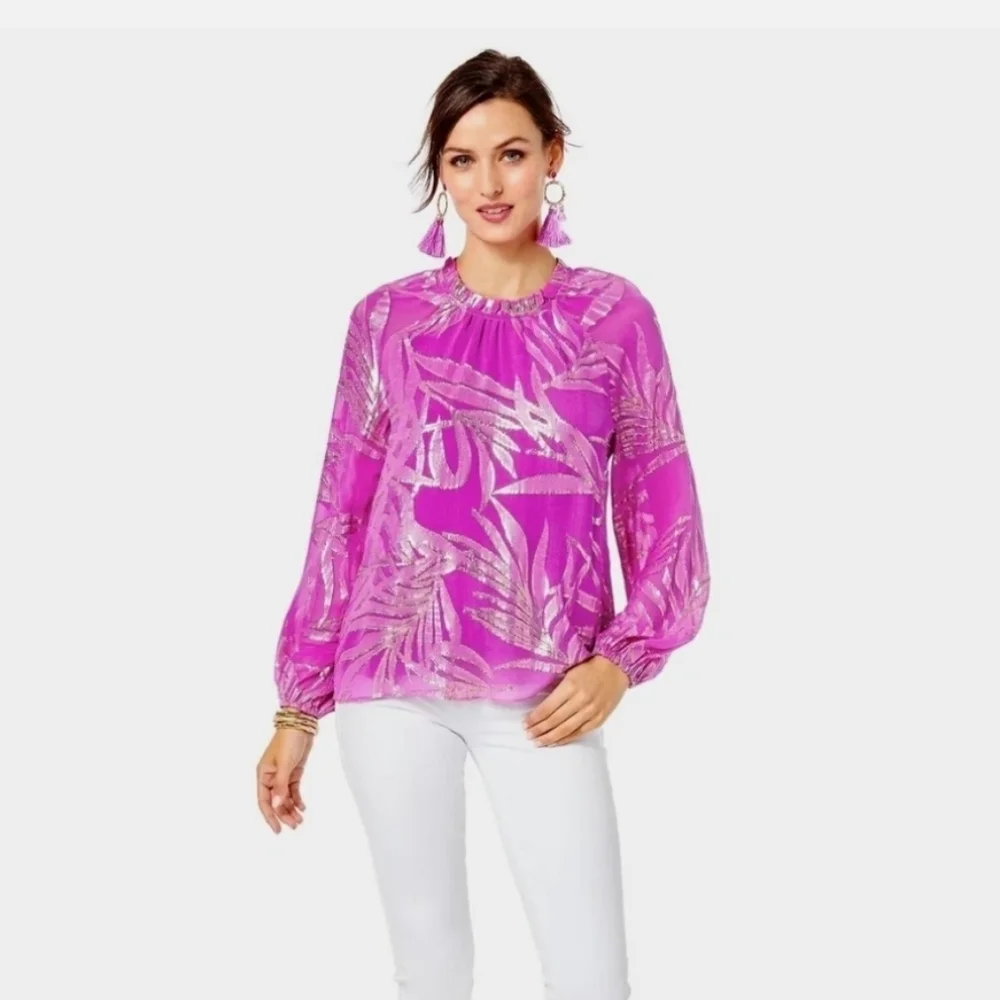 Lilly Pulitzer Caline Long Sleeve Silk Wild Fuchsia Metallic Leaf Print Blouse